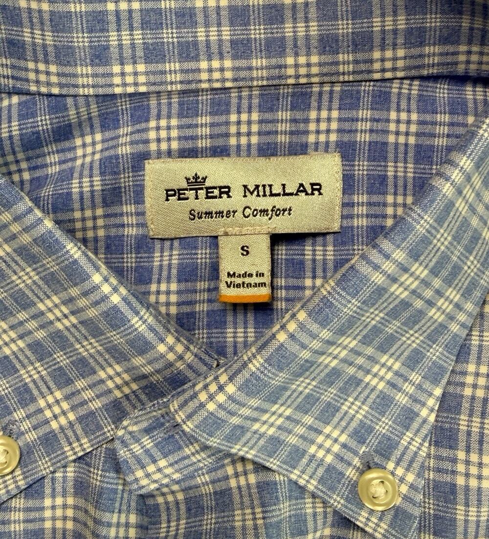 Peter Millar Summer Comfort Shirt small blue white plaid Vacation Preppy